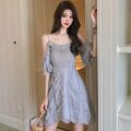 Fairy Dress Western Style off-Neck off-Shoulder Backless Ruffled Stitching Waist-Controlled Slimming Suspender Dress. 
