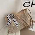 Large Summer Beach Shoulder Bag Straw Woven Square with Silk Ribbon Handle Purse. 