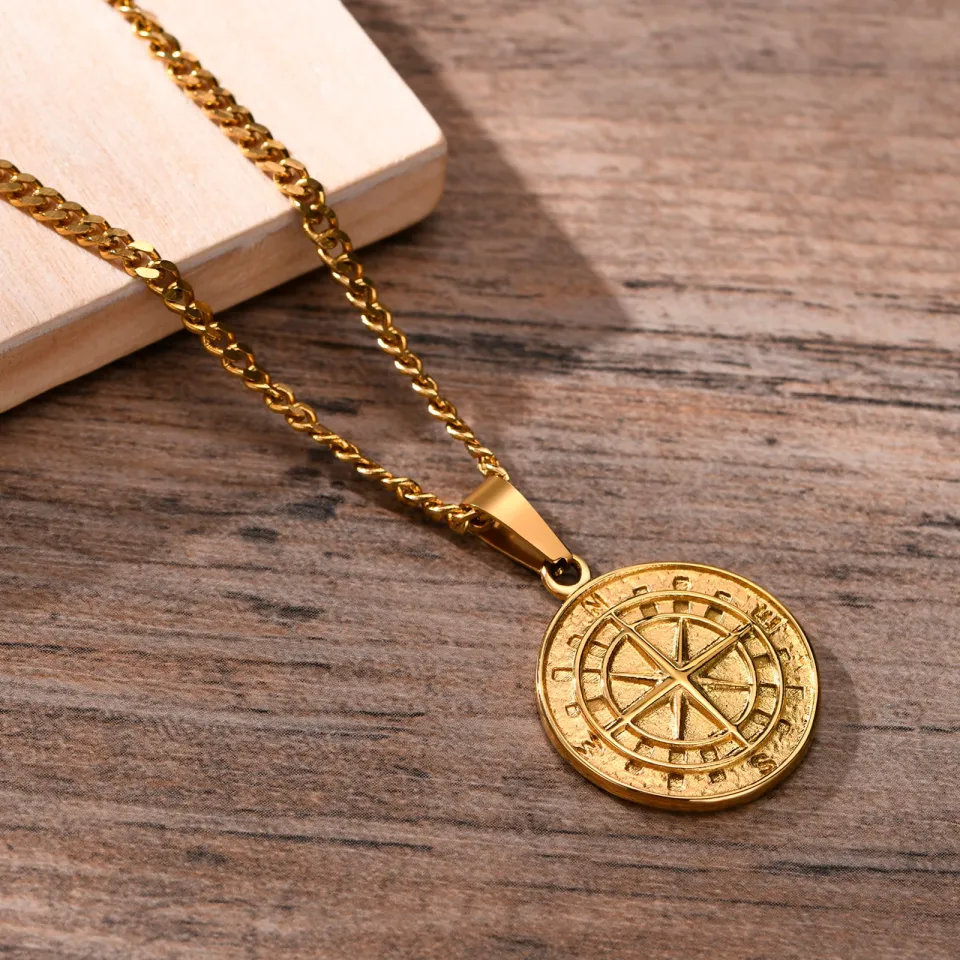 Gold Color Mens Compass Necklaces,Vintage Viking North Star Anchor