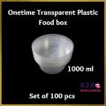 100 Pcs One Time Transparent Food Containers with Lid, Plastic Food Box round Shape 1000 ml/ 1 kg. 