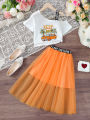2PCS Summer Child Girl Clothes Set Short Sleeve Shoulder Leakage T-shirt+Mesh Skirt College Style Costume for Kid Girl 8-12Years.