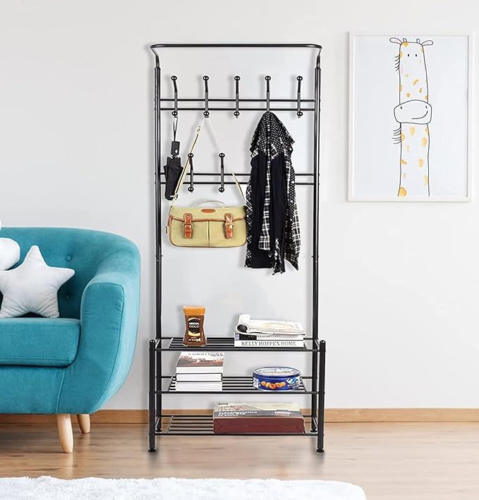 Full Metal 3 Layer Coat Rack Stand with Shoe Storage 9 Hooks Anti-tip Kit
