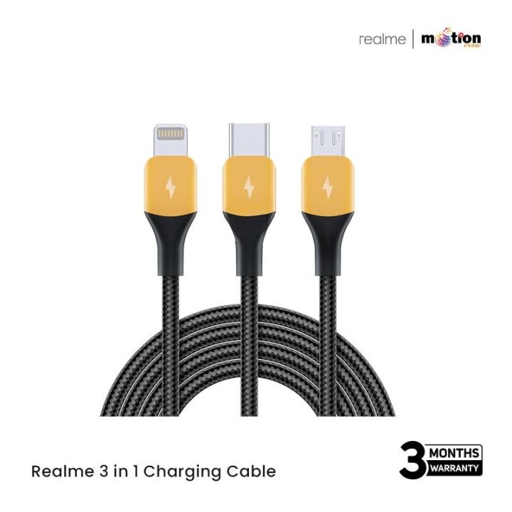 Realme 3 in 1 PET Weave Type C Lightning Micro USB Cable All in One VOOC Dart Warp 1.2M - Black