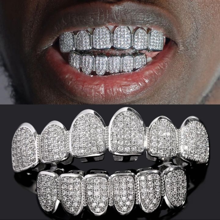 Punk Hip Hop Gold Silver Color Teeth Grillz Men Women Full Iced Out CZ ...