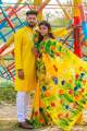 Stylish New Collection hand print Saree & Panjabi Combo Dress yellow color for man women.