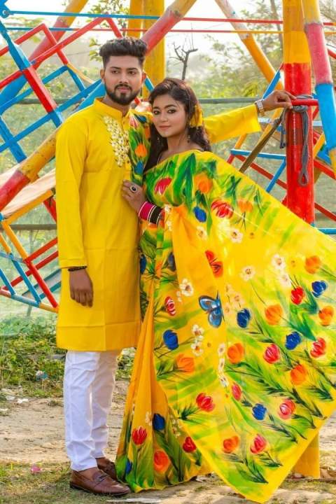 Stylish New Collection hand print Saree & Panjabi Combo Dress yellow color for man women