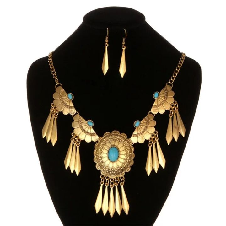 【beauty code store】New Boho Ethnic Vintage Antique Synthetic Stone Necklace Earring Set Women Fashion Retro Jewelry Set Wholesale