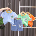 kids T-shirt with pant Children's summer new suit boys' casual polo shirt short sleeve denim shorts fashionable printed cotton two-piece set. 