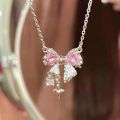 New Fashion Y2K Pink Crystal Bow Knot Pendant Necklaces Sparkling Zircon Heart Girls Fairy Sweet Clavicle Chain Women Jewelry.