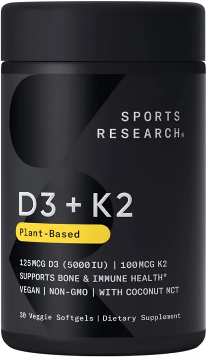 Sports Research Vitamin D3 + K2 with 5000iu of Plant-Based D3 & 100mcg of Vitamin K2 as MK-7 Non-GMO Verified & Vegan Certified,Softgel (30ct)