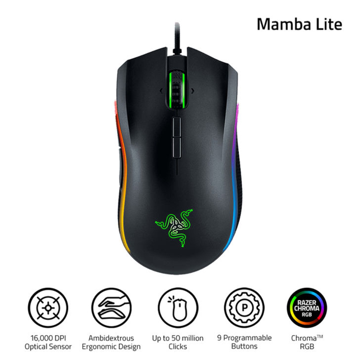 Razer Mamba Elite Wired Gaming Mouse Chroma Lighting 16000 DPI 5G Optical Sensor 9 Programmable Buttons Ergonomic Design