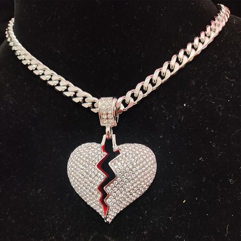 Men Hip Hop Heart Broke Iced Out Bling Pendant Necklace 7mm Width