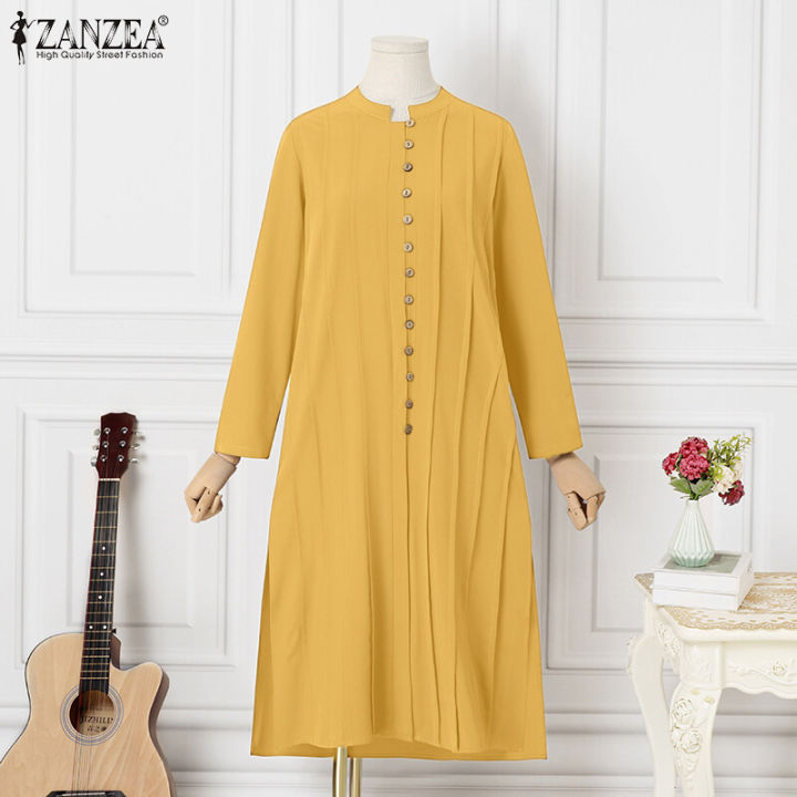 ZANZEA%20Women%20Fashion%20Round%20Neck%20Shirtdress%20Versatile%20Button%20Down%20Side%20Split%20Dresses%20#15%20-%20Image%206