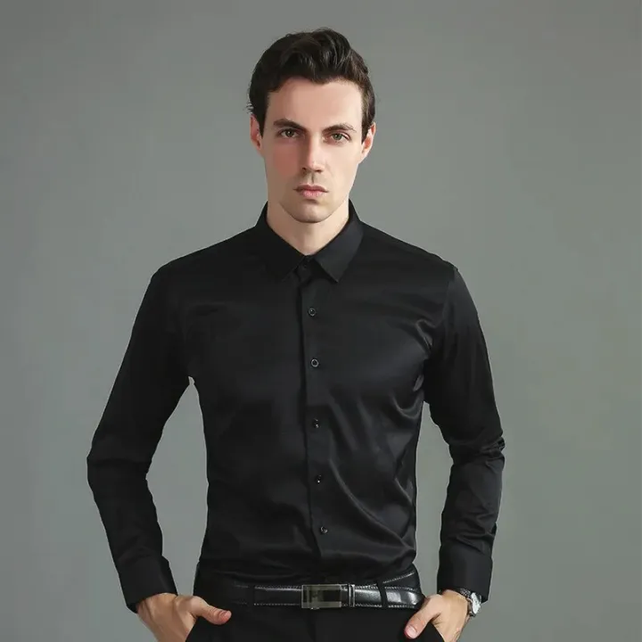 Men's%20Easy%20Care%20Non-iron%20Solid%20Dress%20Shirt%20Slim%20Fit%20Long%20Sleeve%20Male%20Business%20Formal%20Shirt%20Pocketless%20Design%20Stretch%20Shirts%20-%20Image%204