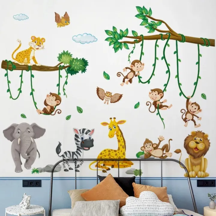 Cartoon%20Zoo%20Monkeys%20Wall%20Stickers%20Kids%20Room%20Elephant%20Giraffe%20Children's%20Room%20Baby%20Room%20Decor%20Wall%20Sticker%20Nursery%20Mural%20Poster%20-%20Image%202