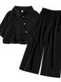 Summer Two Pieces Set Women Summer Korean Short Sleeve Shirt Female Black Casual Sets Suit Black Blouse Wide Leg Pants Suit 2XL.