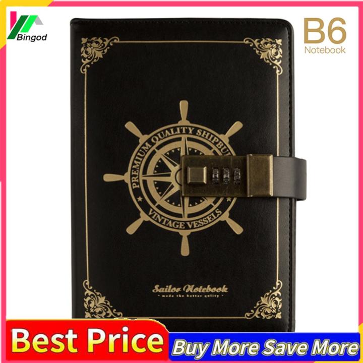 【Fashion】Vint-age Journal Diary with Lock B6 PU Retro Notebook 3-Digit Combination Private Journal Line Pages Writing Gift for Boy
