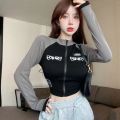 Y2K Vintage T-shirt Women Spring O Neck Long Sleeve Crop Top Korean Fashion Vintage High Street Zip Up Skinny Tees Streetwear. 