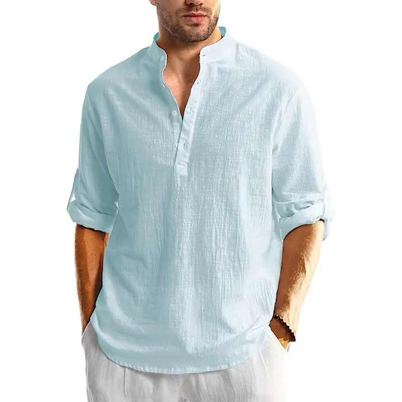Men's Linen Button Down Shirt Long Sleeve Casual Button Up Beach