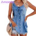 Amamia Denim Blouse Arc Hem Sleeveless Floral Print Denim Blouse.