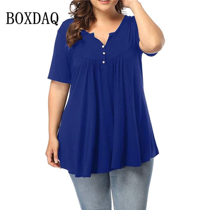 5XL Plus Size Women Short Sleeve Loose T-Shirt Casual Solid Button Pleated Tunic Tops Large Female Pullover Tops Summer Clothes