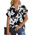 Summer New Women's Loose Printed Short Sleeve V Collar Button Chiffon Shirt.