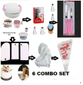 6 A Set  Cake Decoration Turntable , 12 Pieces Of Stainless Steel Nozzle Set , 3 pieces of cake planner , Measuring Spoon Cup Set , 3 pieces Plastic Cream Scraper & 10 Pieces Pipping Bags. 