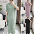 ZANZEA Womens Chinese Style Elegant Plain Short Sleeve Slims Fit Pleated Midi Shift Dresses #11. 