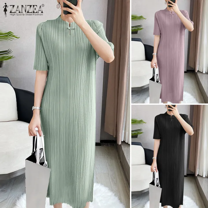 ZANZEA%20Womens%20Chinese%20Style%20Elegant%20Plain%20Short%20Sleeve%20Slims%20Fit%20Pleated%20Midi%20Shift%20Dresses%20#11%20-%20Image%205