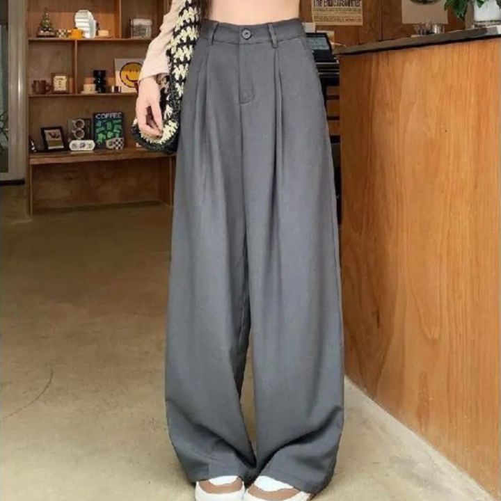 QWEEK Elegant Baggy Gray Suits Pants Woman Oversized Office Ladies Casual Korean Fashion Classical Trousers High Waist Summer