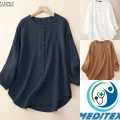 Women Vintage Long Sleeve Blouse Spring O Neck Casual Buttons Down Shirt Loose Tunic Tops Fashion Party Blusas Chemise. 