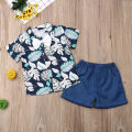 Boy's Lovely Two-piece Suit, Short Sleeve Cartoon Printed Shirt Top with Short Solid Pants for Spring, Summer and Autumn.