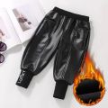 Boys PU Faux Leather Pants Kids Winter Fleece Black Imitation Children Warm Kids Leather Trousers Leather Pants For Boy Teenage. 