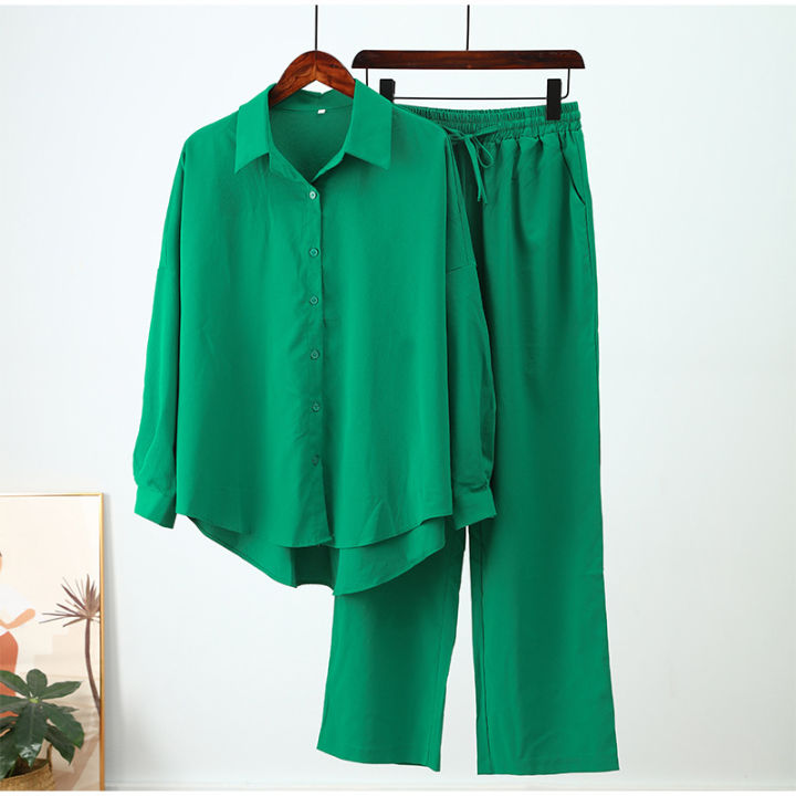 women%20clothing%20ladies%20loose%20stretch%20crease%20long%20sleeve%20shirt%20wide%20leg%20pants%20casual%20sets%20women's%202%20piece%20set%20-%20Image%203