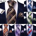 【Bestselling Product】 Black Brown Silk Ties For Men 2024 Classic Plaid Check Business Wedding Mens Neck Tie Handkerchief Cufflinks Gift For Men Hi-Tie.