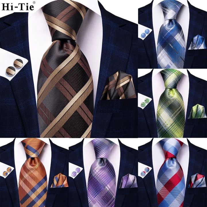 【Bestselling Product】 Black Brown Silk Ties For Men 2024 Classic Plaid Check Business Wedding Mens Neck Tie Handkerchief Cufflinks Gift For Men Hi-Tie