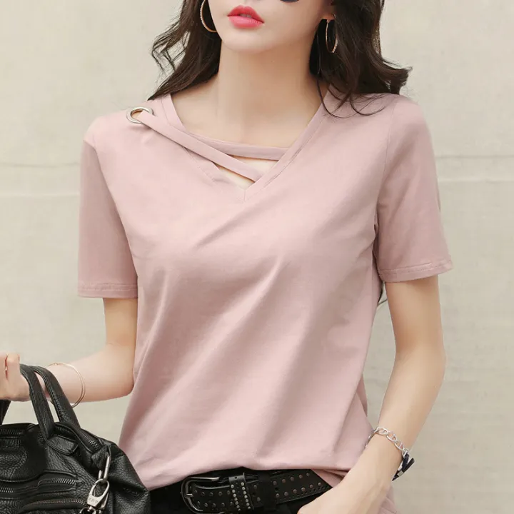 Women's%20Short%20Sleeve%202022%20New%20Summer%20Solid%20Color%20T%20Women's%20T-shirt%20V%20Collar%20Loose%20Korean%20Style%20Hollow%20Top%20Casual%20ins%20T-shirt%20Fashion%20-%20Image%204