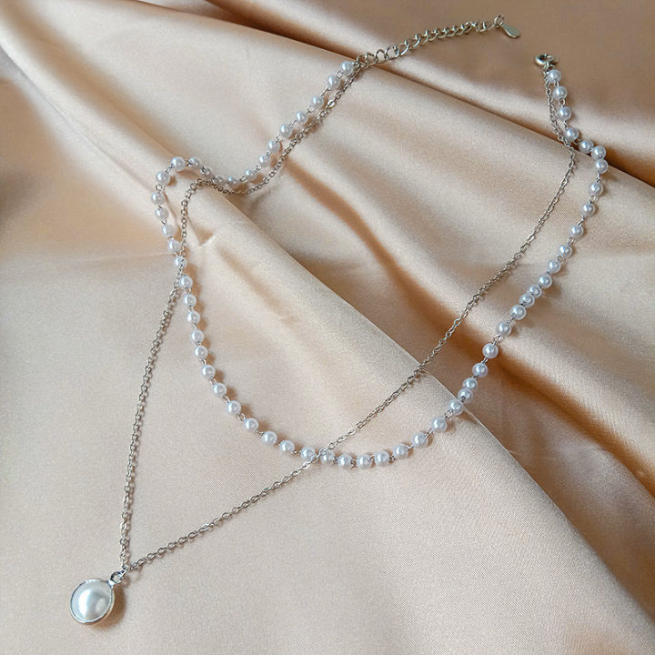 Korean%20Fashion%20Pearl%20Choker%20Necklace%20Women%20Cute%20Girl%20Gold%20Double%20Layer%20Chain%20Pearl%20Pendant%20Necklace%20Fairy%20Simple%20Clavicle%20Chain%20Jewelry%20Gift%20-%20Image%204