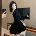 Korean Dress Short French Style Long Sleeve Collarbone Exposed Square Collar.