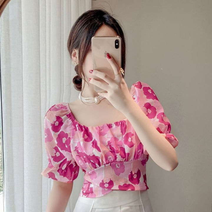 Floral Square Collar Short Midriff-Baring Shirt Women 2024 Summer