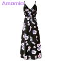 Amamia Party Dress Deep V Neck Floral Print Waist Tight Slit Hem Dress. 