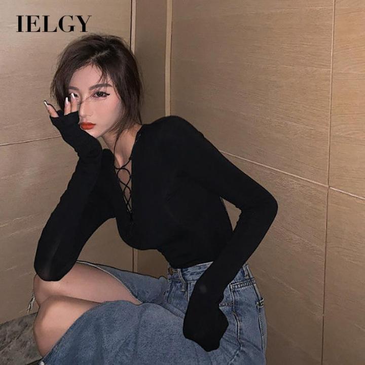 IELGY%20V-neck%20slim%20bottoming%20shirt%20women%20retro%20Hong%20Kong%20style%20tie%20long-sleeved%20T-shirt%20top%20-%20Image%202