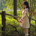 Floral Mini Dress Women Puff Sleeve Flare Shirring Design French Style Elegant.