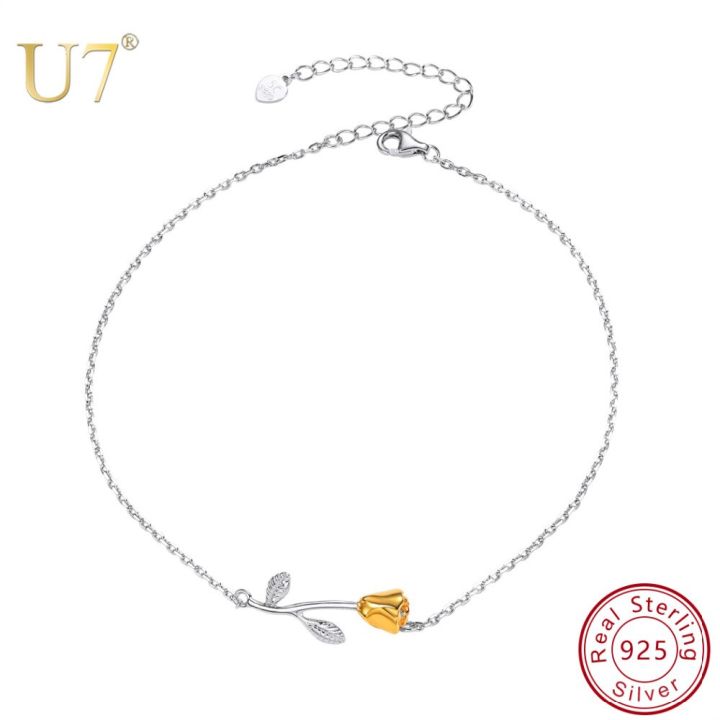 U7 925 Sterling Silver Anklet Women Barefoot Leg Chain Rose Flower Foot Bracelet Summer Beach Jewelry Gift for Mother's Day