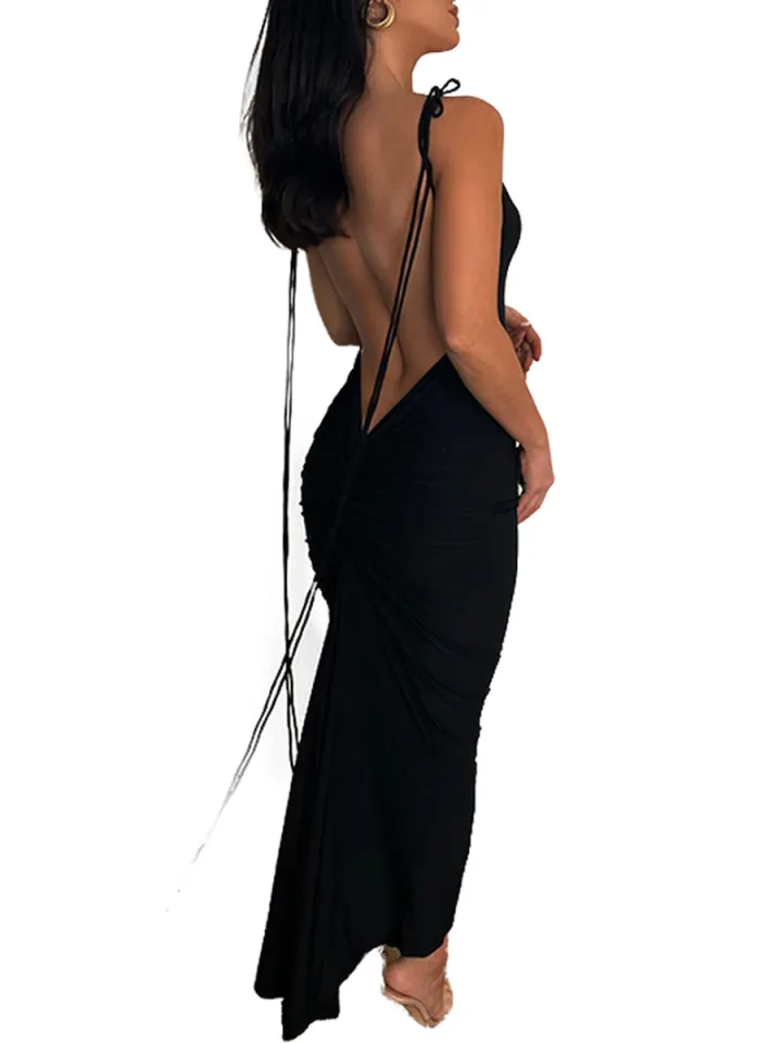 Low Backless Mini Dress Extreme Backless Dress Women S Spaghetti Strap  Bodycon Dress Tie-up Ruched Sleeveless Backless Solid Color