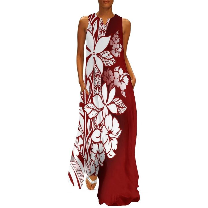 Custom Made Red Print Polynesian Style Women Off Shoulder Dress V-neck  Women Beach Elegant Maxi Sleeveless Long Dresses