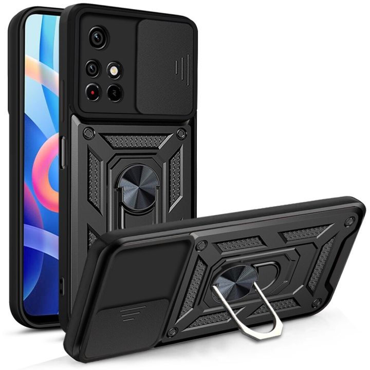 For Xiaomi Redmi Note 11 / Note 11T Rugged Armor Protection Case with Slide Camera Cover Ring Holder Stand casing