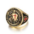 European and American New Hiphop Men's Titanium Steel Gold Plated Ring Vintage Templar Red Cross Shield Ring. 