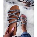 Women Slippers Fashion Rhinestone Glitter Decor Flat Shoes Cross Straps Ladies Sandals Open Toe Casual Summer Beach Slides 2023. 
