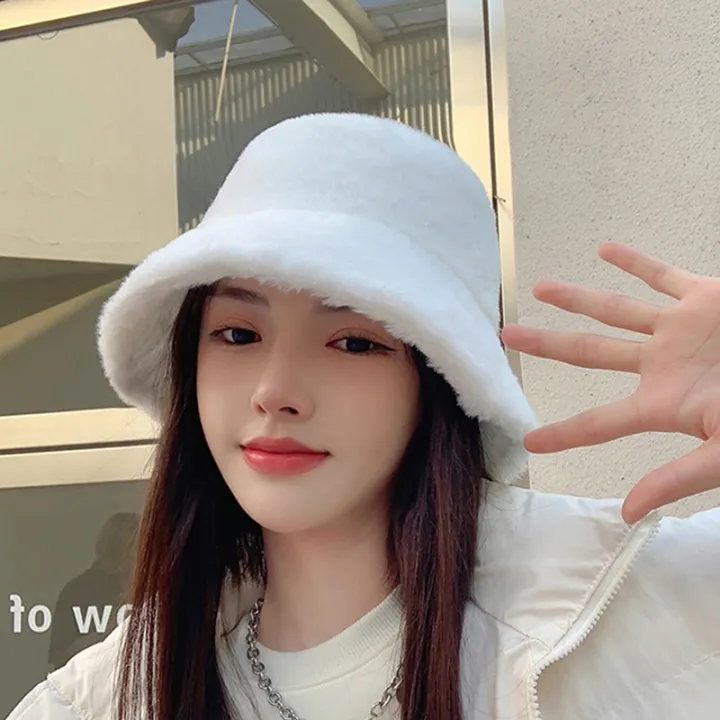 Korean%20Fashion%20Winter%20Furry%20Warm%20Bucket%20Hats%20For%20Women%20Lady%20Cute%20Plush%20Solid%20Color%20Windproof%20Thicken%20Outdoor%20Fisherman%20Cap%20Hat%20-%20Image%203